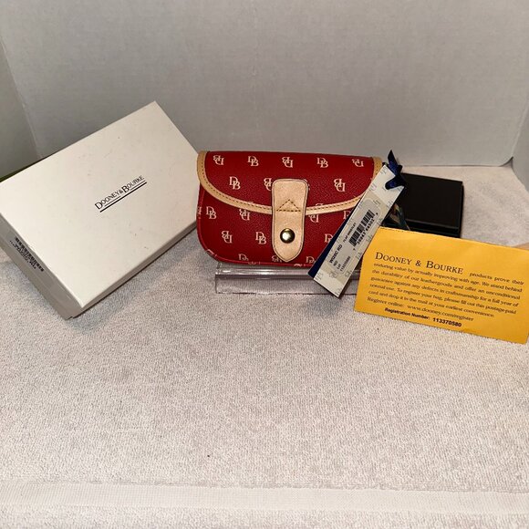 Dooney & Bourke Red and Tan Signature Flap Wristlet NWT, Box, and COA - Picture 1 of 9